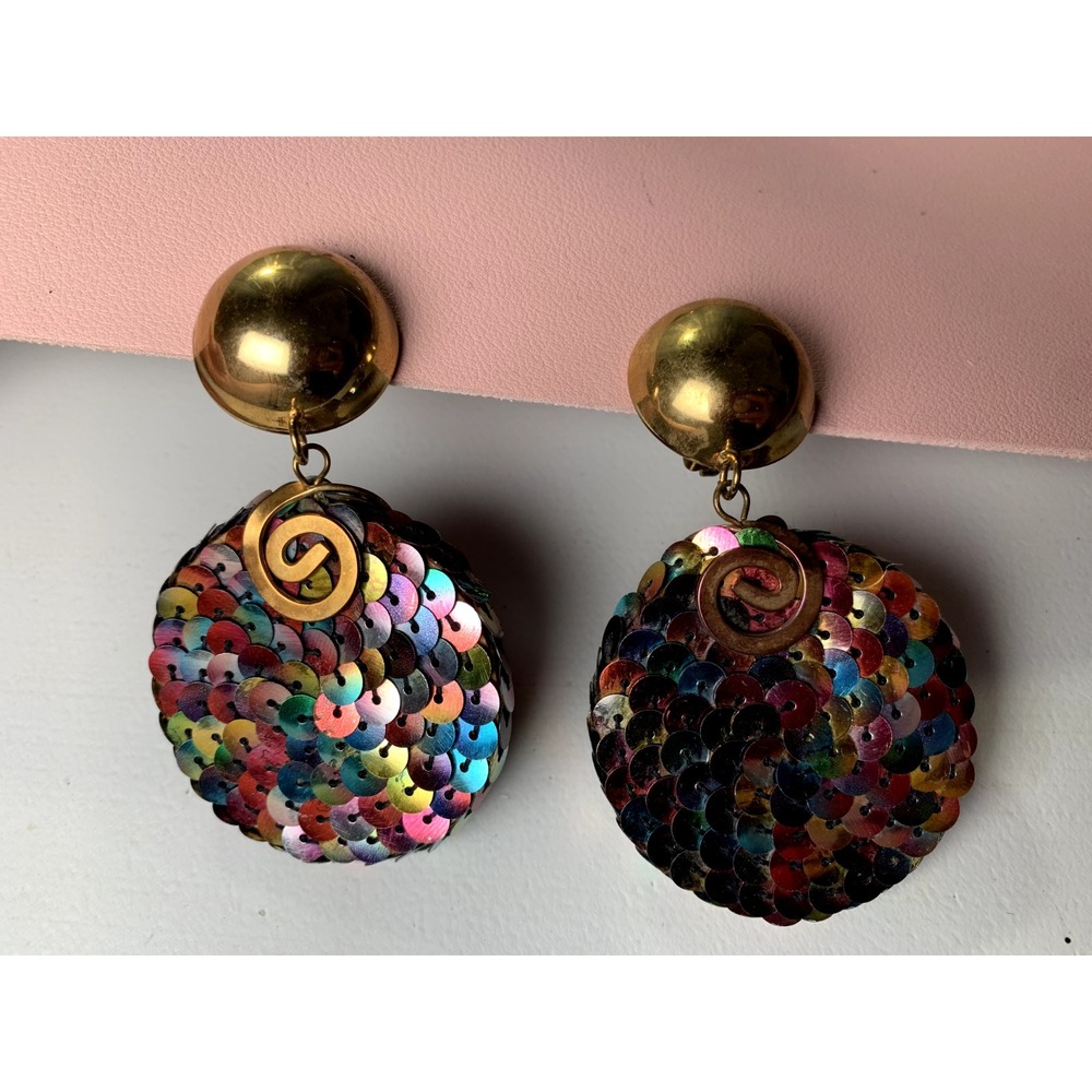 Vintage 90s Earrings Statement Womens Dangle Clip On Sequin Colorful Retro - Picture 2 of 12